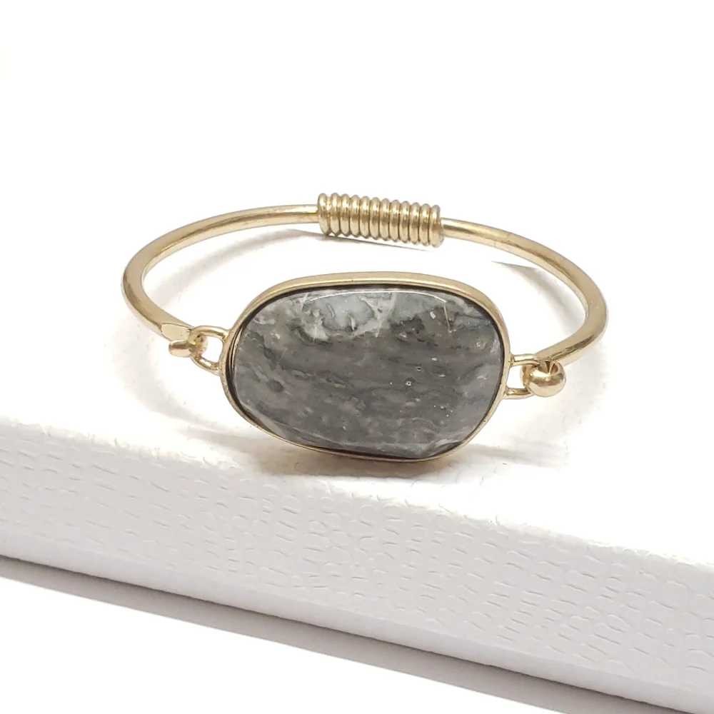 Gray Marble Cut Stone Gold Tone Bracelet Statement Bracelet